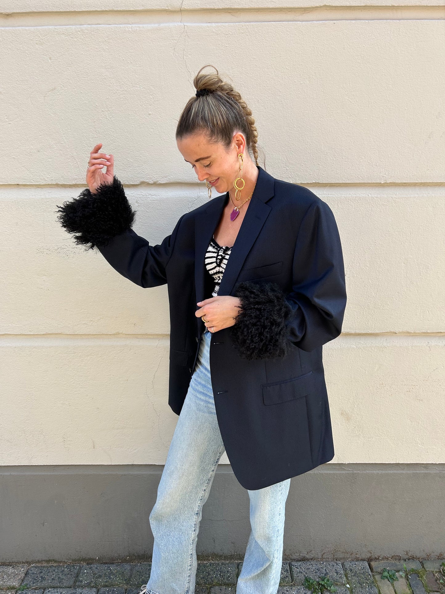 Blazer with fur sleeves | Dark Blue