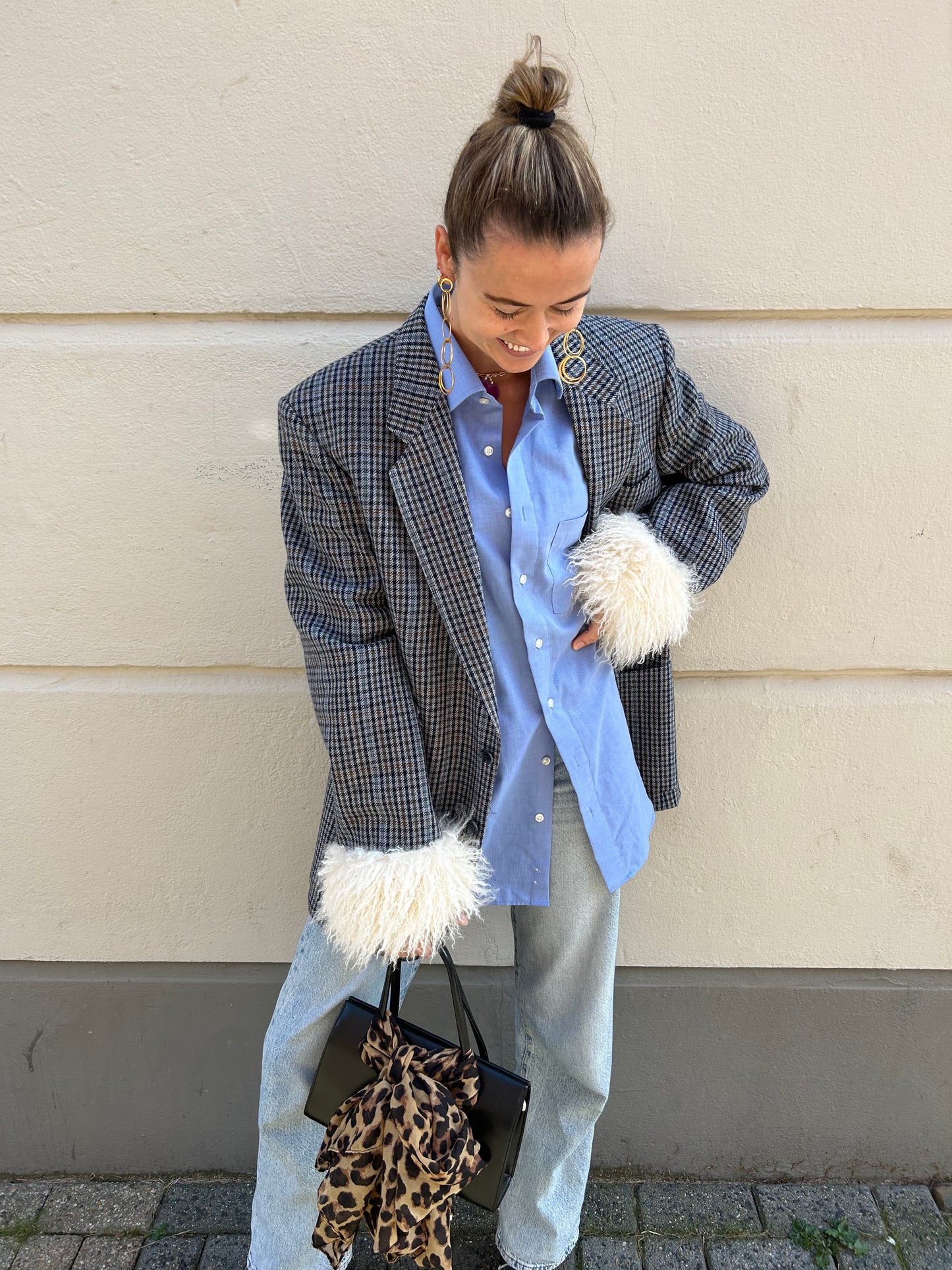 Blazer with fur sleeves | Light Blue Brown Tartan