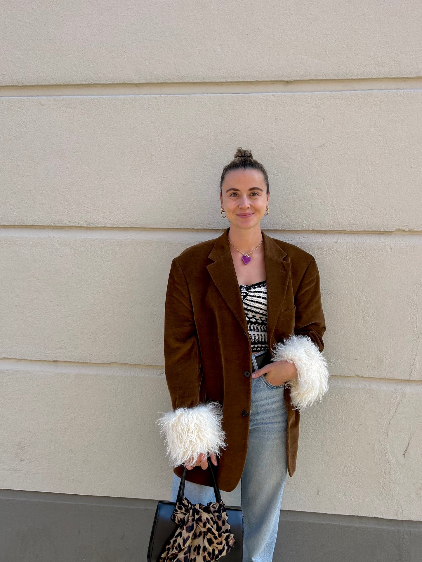 Blazer with fur sleeves | Corduroy Cognac