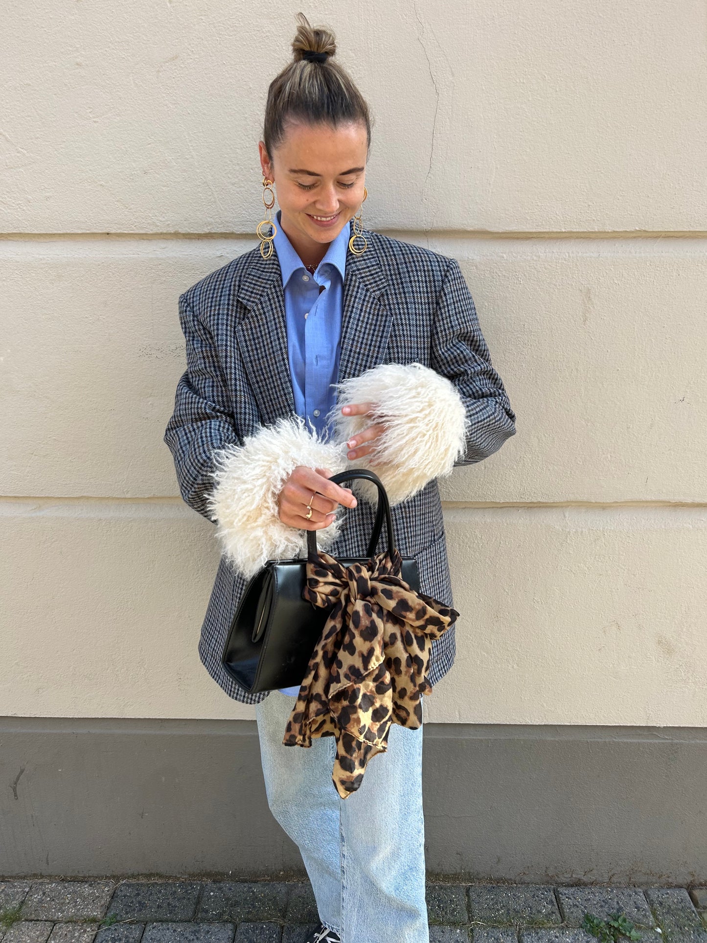 Blazer with fur sleeves | Light Blue Brown Tartan