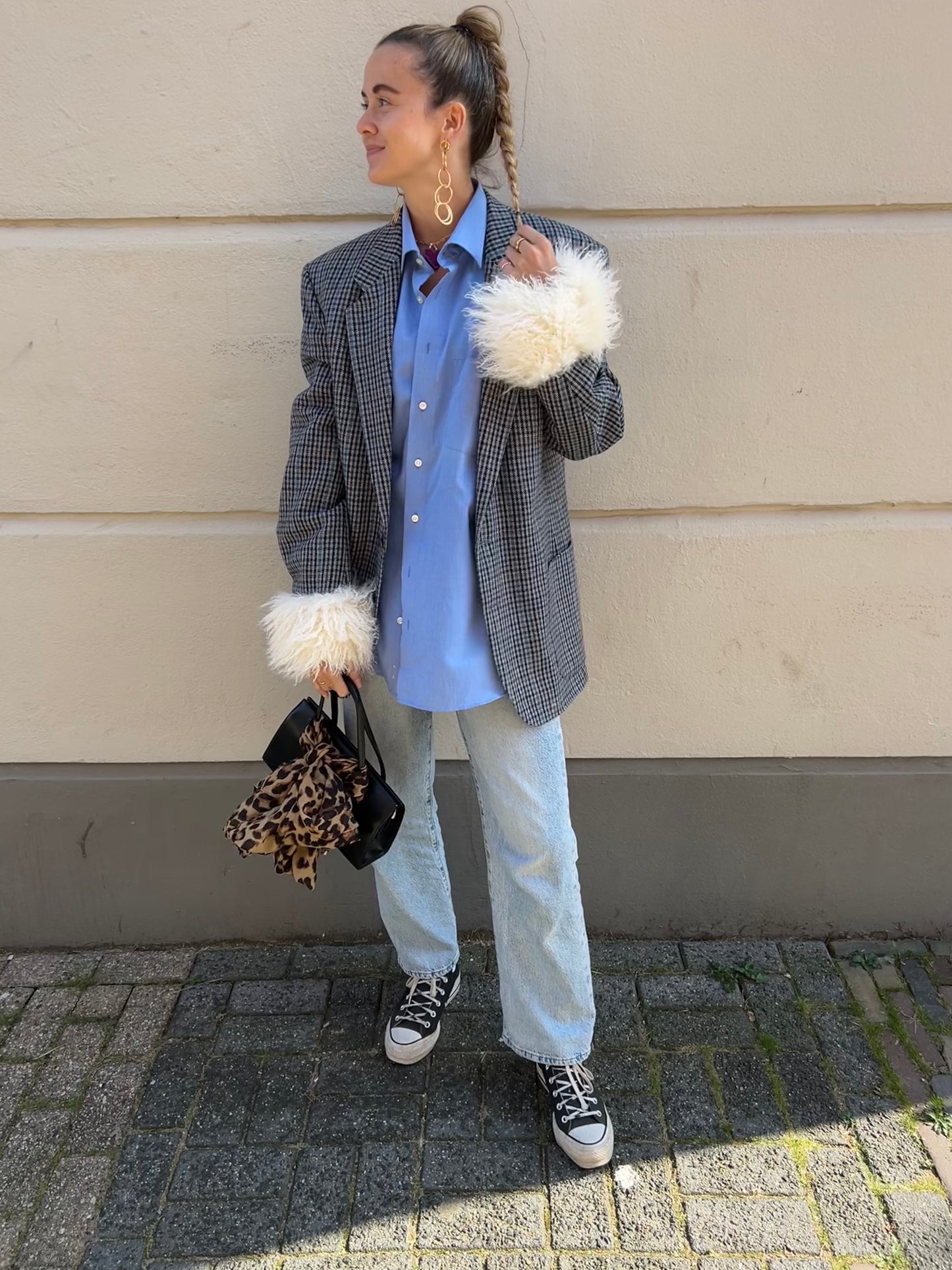 Blazer with fur sleeves | Light Blue Brown Tartan