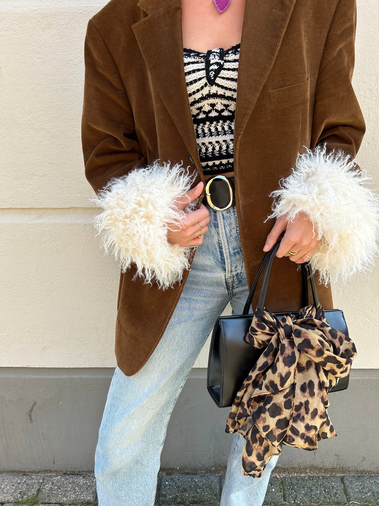 Blazer with fur sleeves | Corduroy Cognac