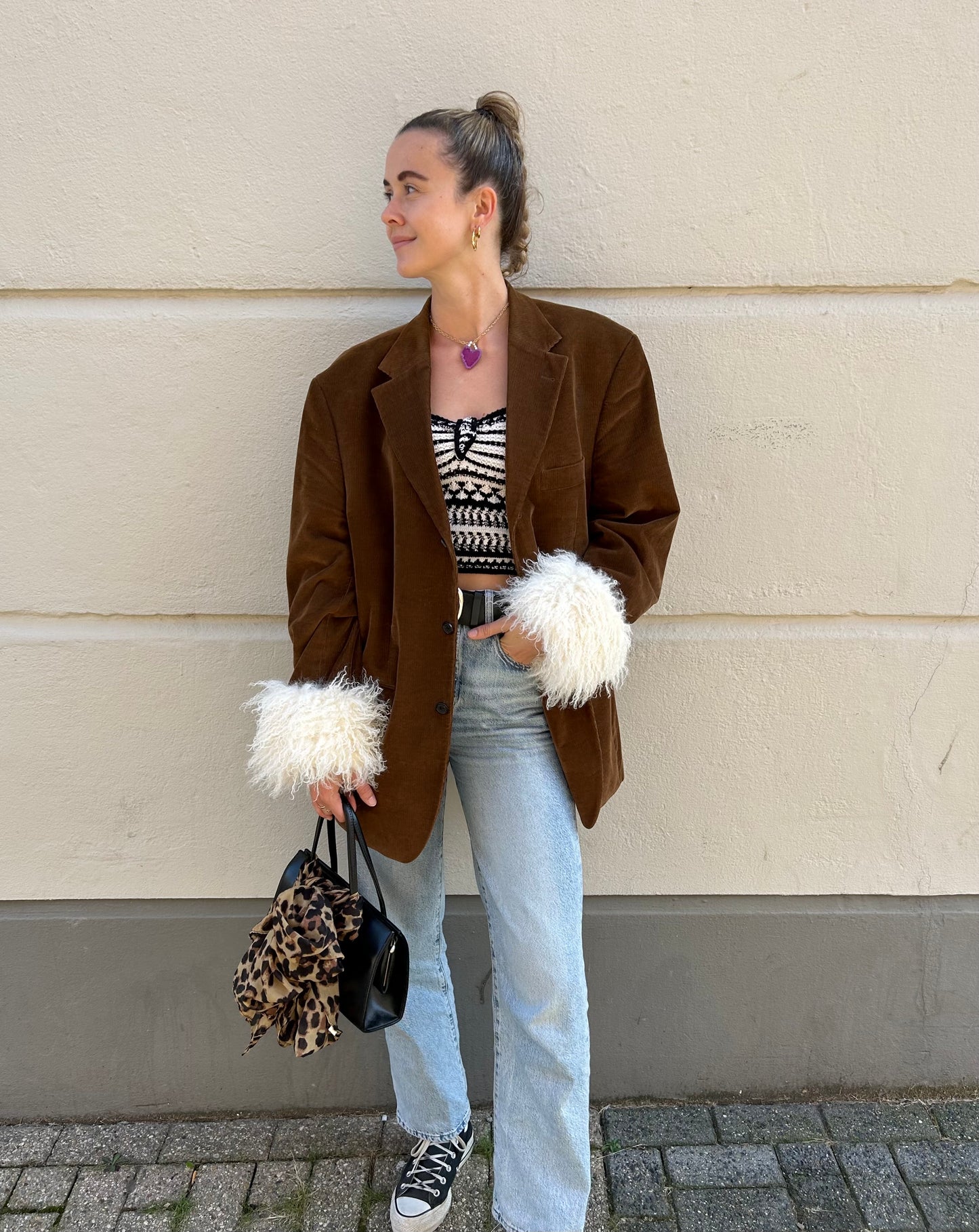 Blazer with fur sleeves | Corduroy Cognac